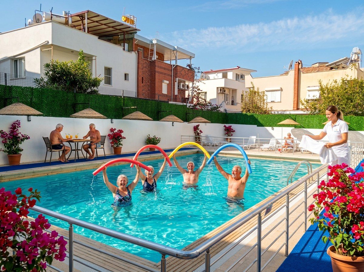 Visualisierung: Poolbereich mit Liegen unter mediterranen Bäumen